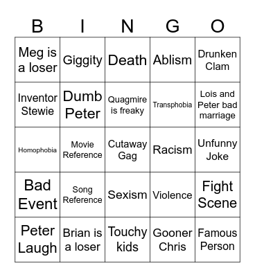 Family Guy Bingo Card
