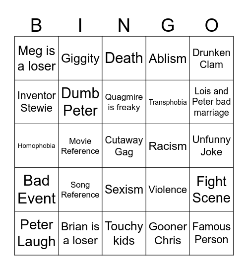 Family Guy Bingo Card