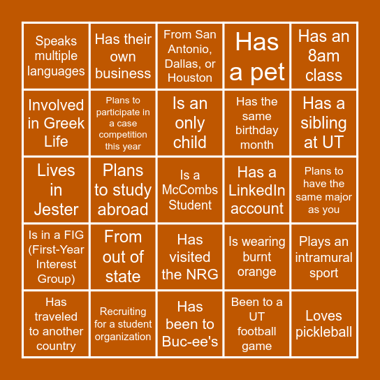 McCombs Kickoff Bingo Card