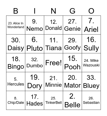 Disney Bingo Card