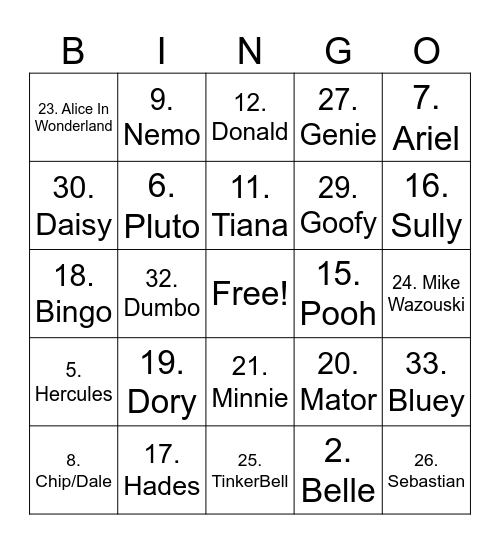 Disney Bingo Card