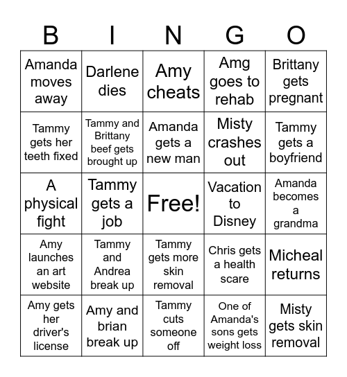Season nine 1000lbs sisters Bingo Card