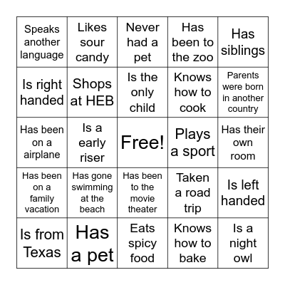 Get to know you BINGO! Bingo Card