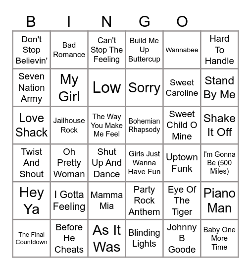 Most Recognizable Songs No 1 working Bingo Card