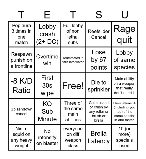 Splatoon Bingo Card