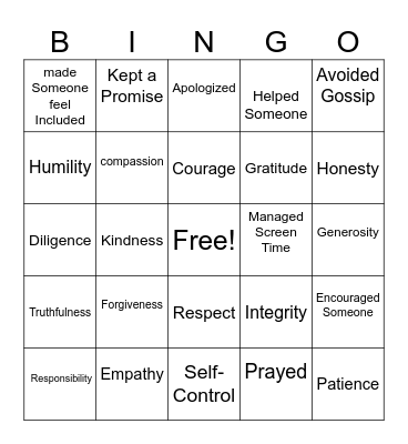 Value Bingo! Bingo Card