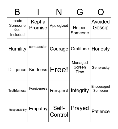 Value Bingo! Bingo Card
