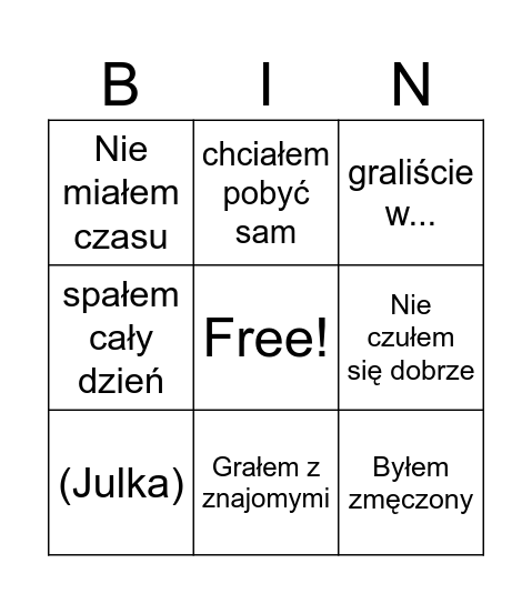 Wymówki anego Bingo Card