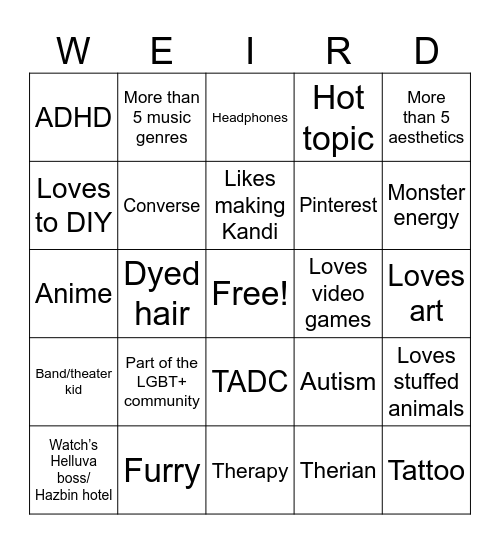 Weird Kid Bingo Card