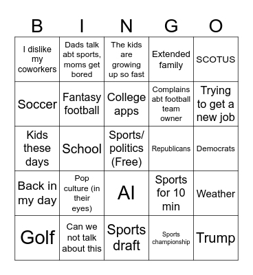 Family dinner bingo Card