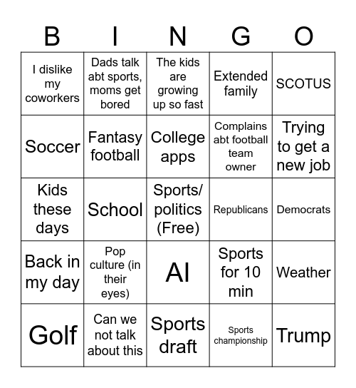 Family dinner bingo Card