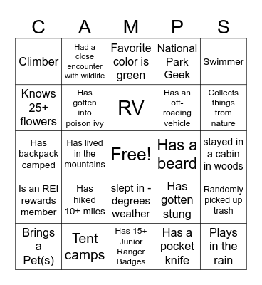 Camping Bingo Card