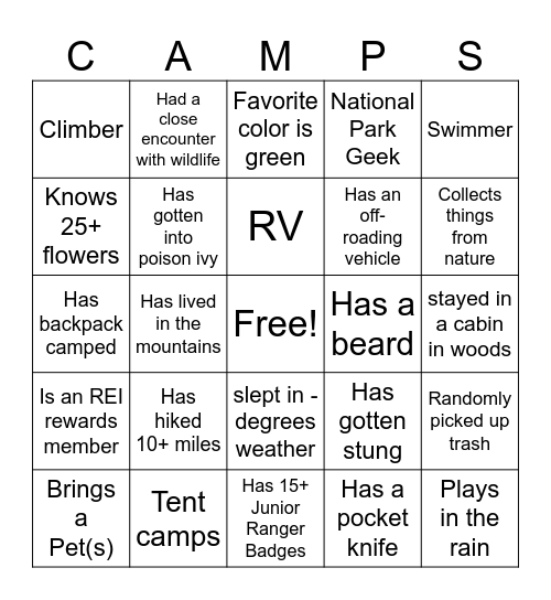Camping Bingo Card