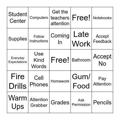 Class Procedures & Behavior Expectations Bingo Card