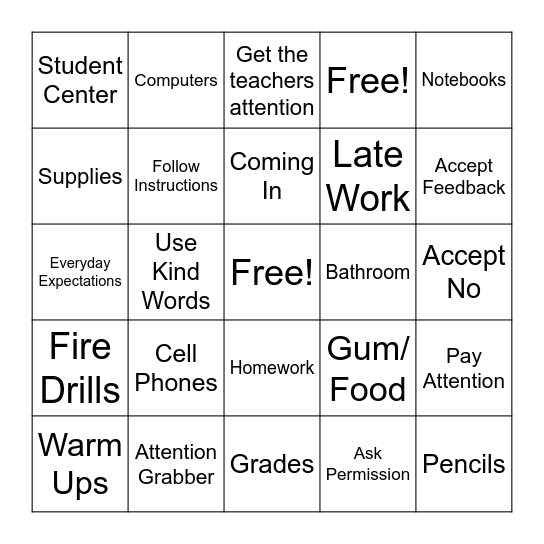 Class Procedures & Behavior Expectations Bingo Card