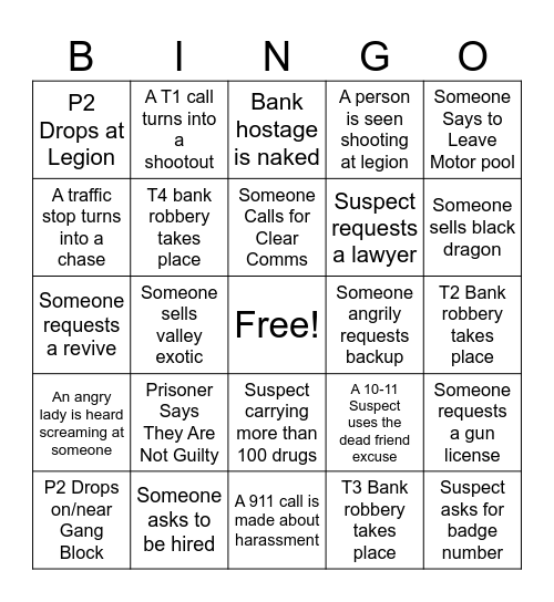 Cop Bingo Card