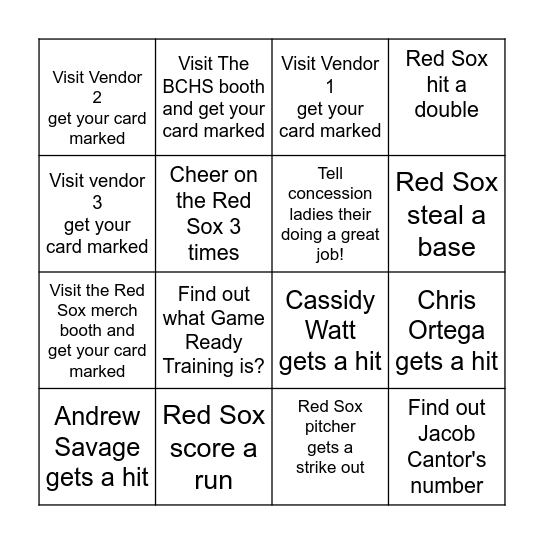 Red Sox Bingo Card