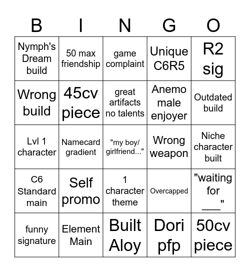 Genshin Profile Bingo Card