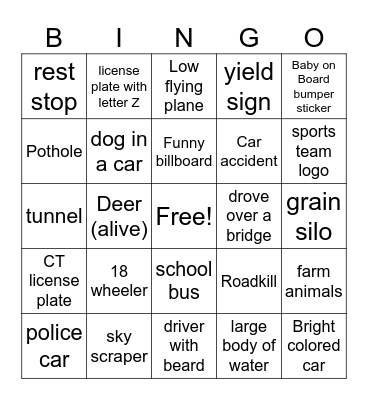Road Trip Bingo Card
