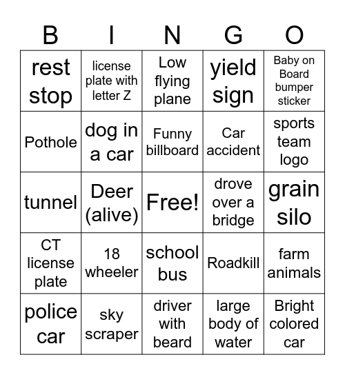 Road Trip Bingo Card