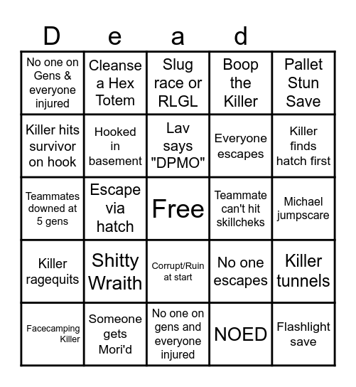 Halloween in July DBD Bingo Card