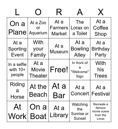 The Lorax's Bingo Adventure Bingo Card
