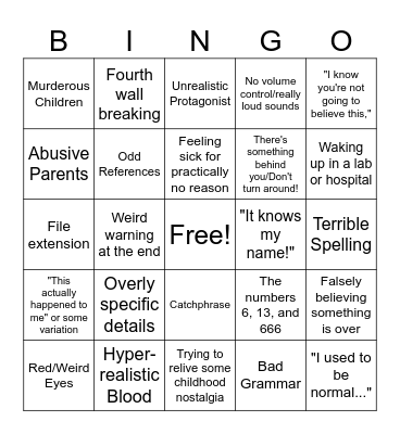 Bad Creepypasta Bingo Card