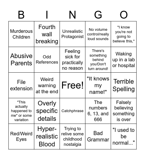 Bad Creepypasta Bingo Card
