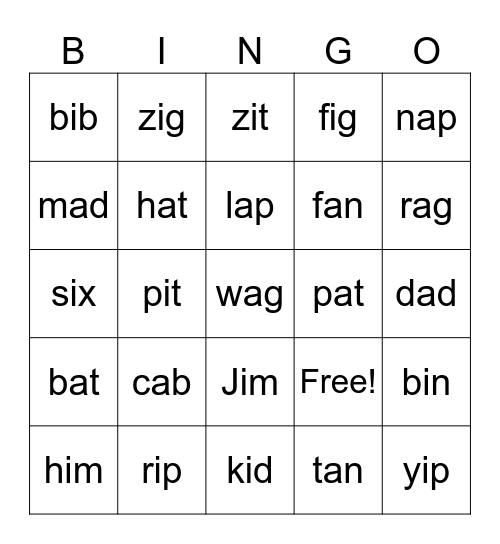 Short a and i Words Bingo Card