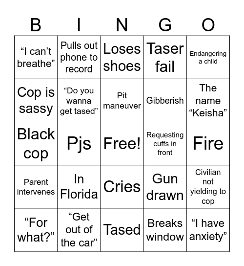 Body Cam Bingo Card