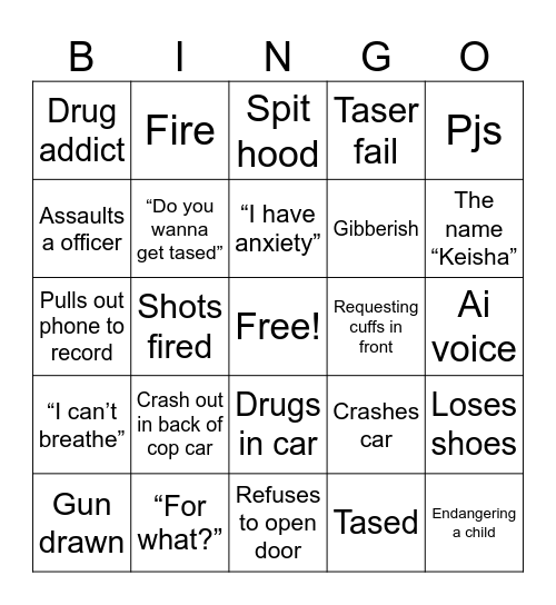 Body Cam Bingo Card