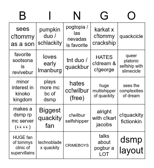 Fox DSMP Bingo Card