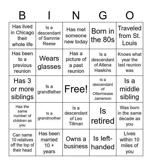 Family Reunion Bingo Card