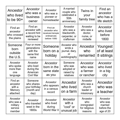 Family History Bingo Card
