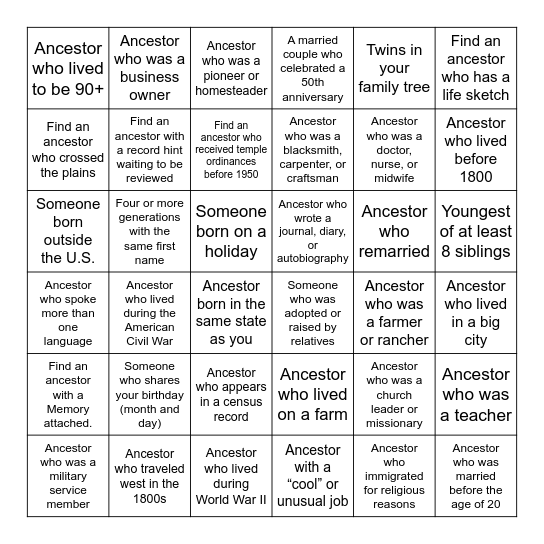 Family History Bingo Card