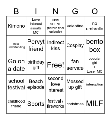 Romance anime Bingo Card