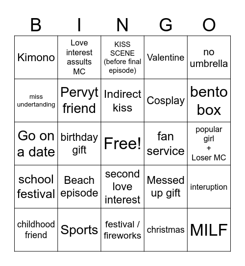 Romance anime Bingo Card