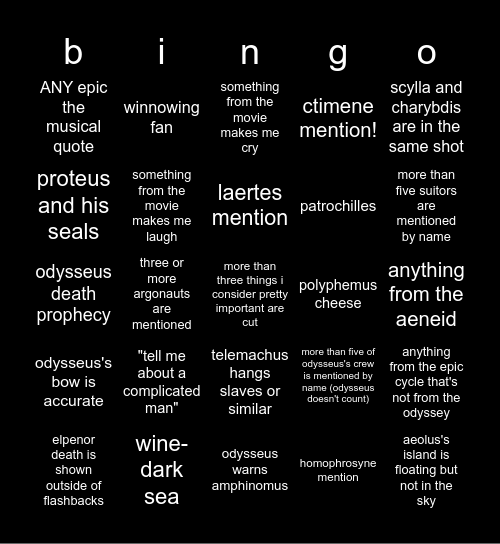 odyssey movie bingo (i havent seen trailers lmao) Bingo Card