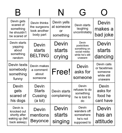 Devin’s Anesthesia Experience Bingo Card
