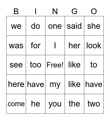 Year 1 Heart Words Bingo Card