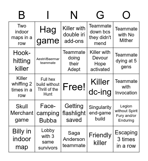 DBD Survivor Bingo Card
