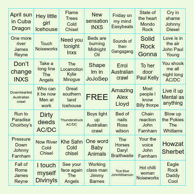 Australian Rock BINGO Card