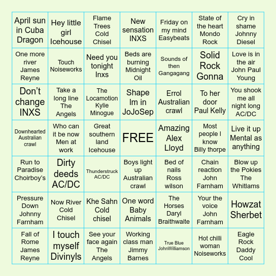 Australian Rock BINGO Card