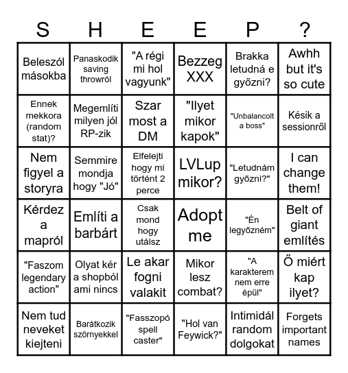 Sheep Bingo Card