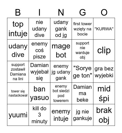 Damian Bingo Card
