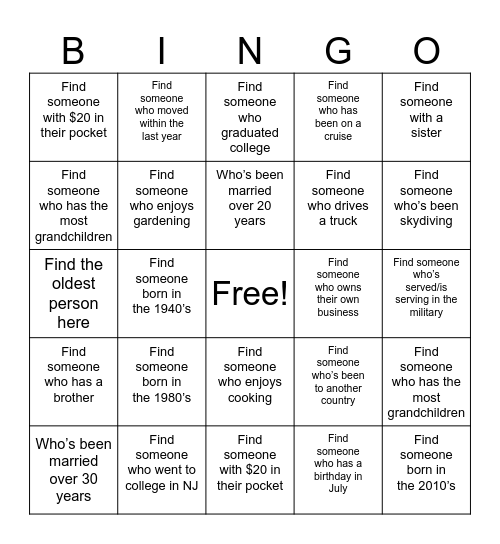Family Reunion Bingo/Scavenger Hunt Bingo Card