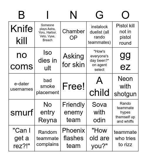 Valorant Bingo Card