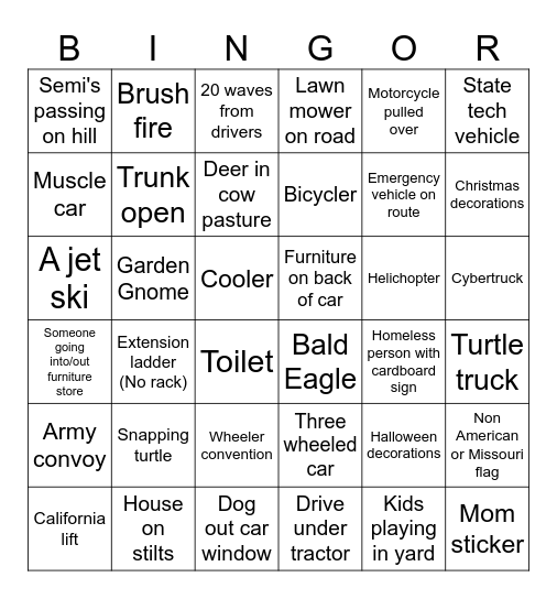 Car Bingor Bingo Card
