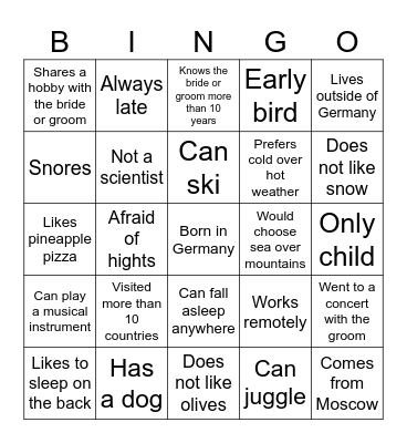 Wedding Bingo Card