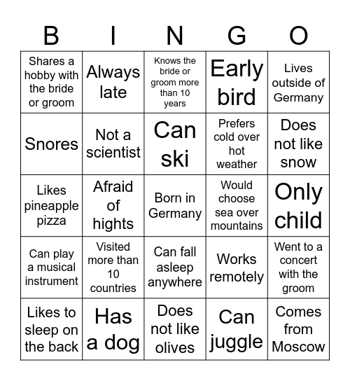 Wedding Bingo Card